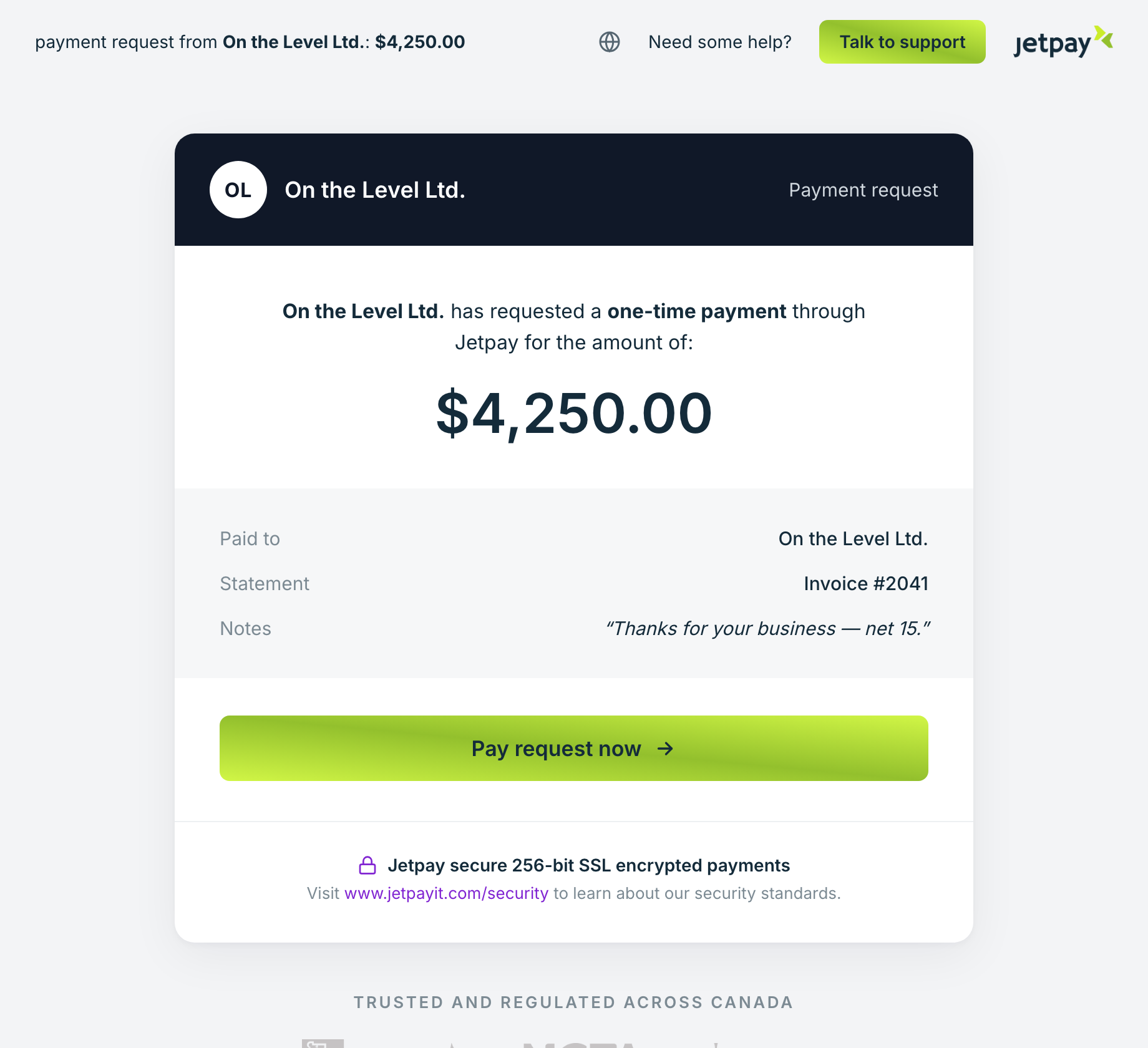 A payment link opens a hosted request page