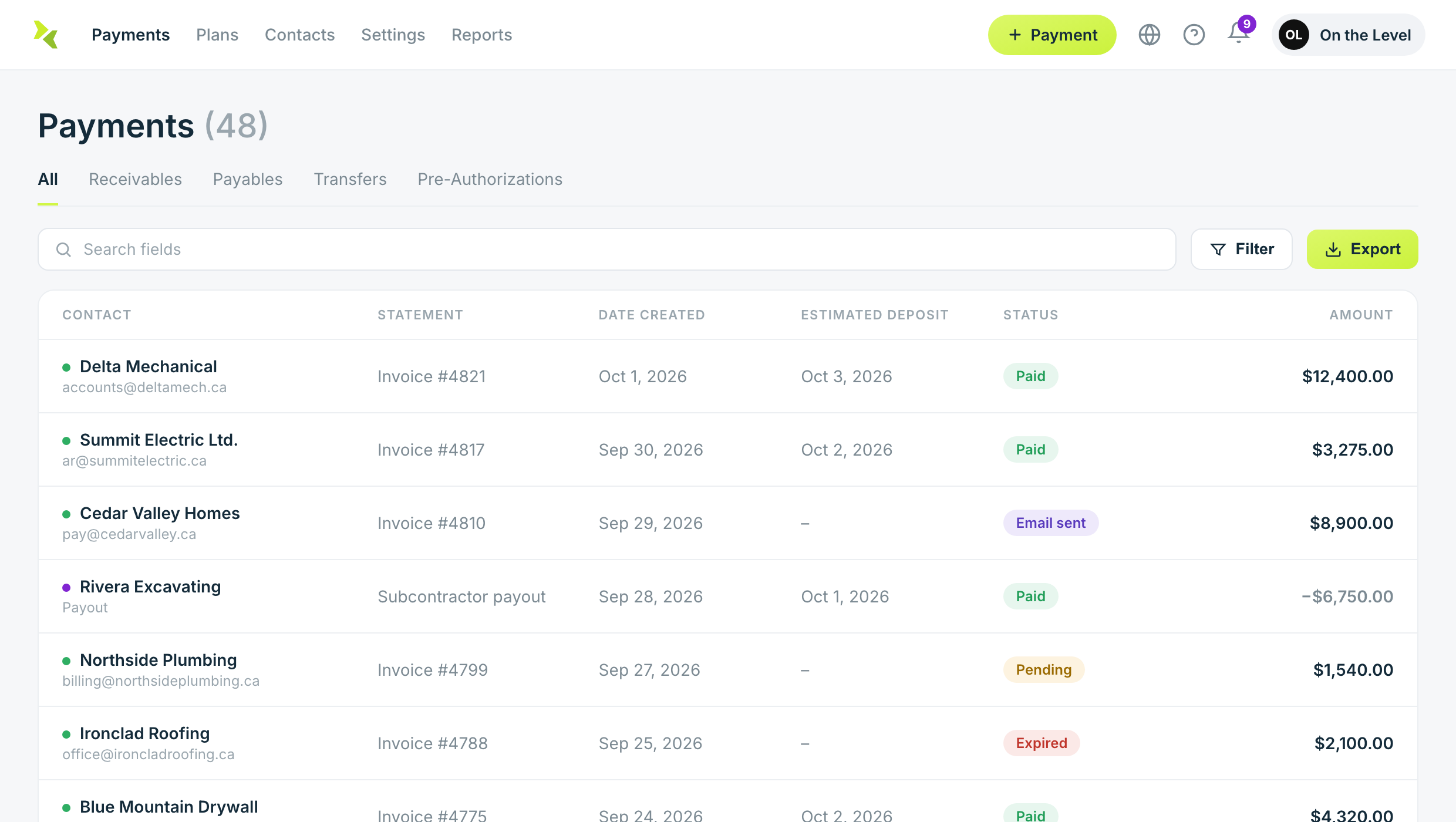 Payments dashboard
